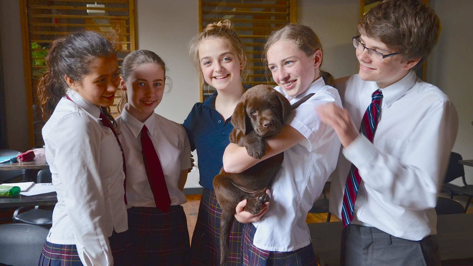 Picture of five students posing for a photo with a puppy