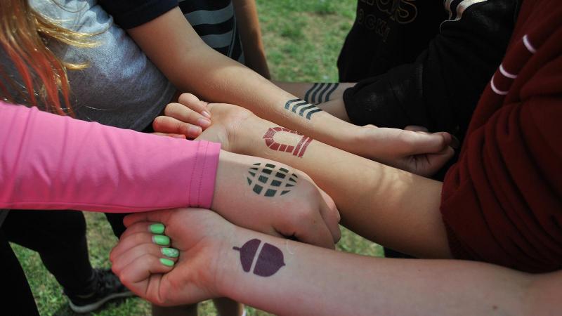 Picture of student hands with temporary tattoo House logos 